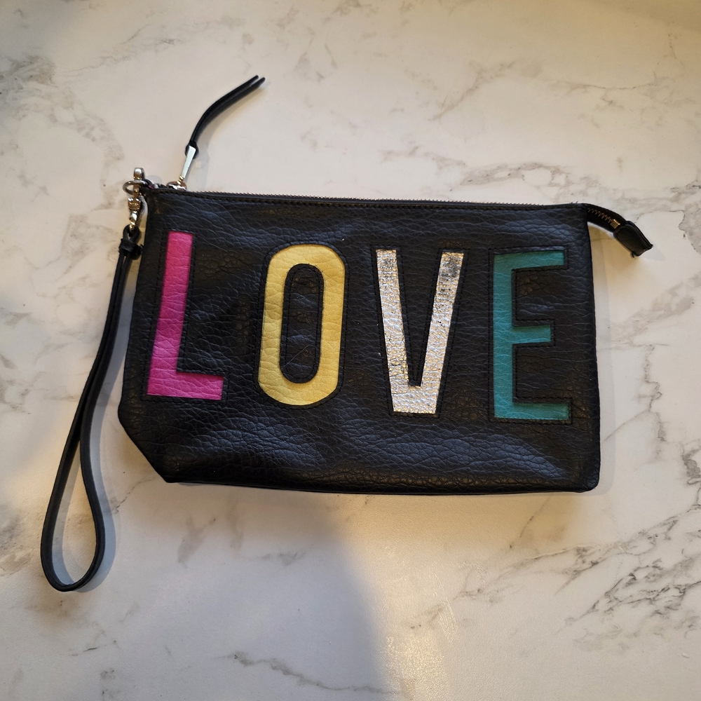 Juicy Couture Black Wristlet Clutch with Multicolor LOVE Appliqué